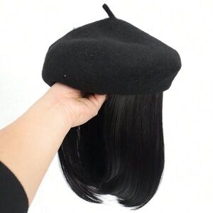 Classic French Fashion Hat Wig Beret Attached 16" Synthetic Straight